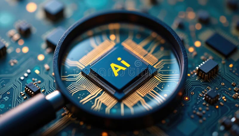 Close-up shot of AI microchip being examined with magnifying glass on circuit board. Futuristic tech concept, artificial royalty free stock photography