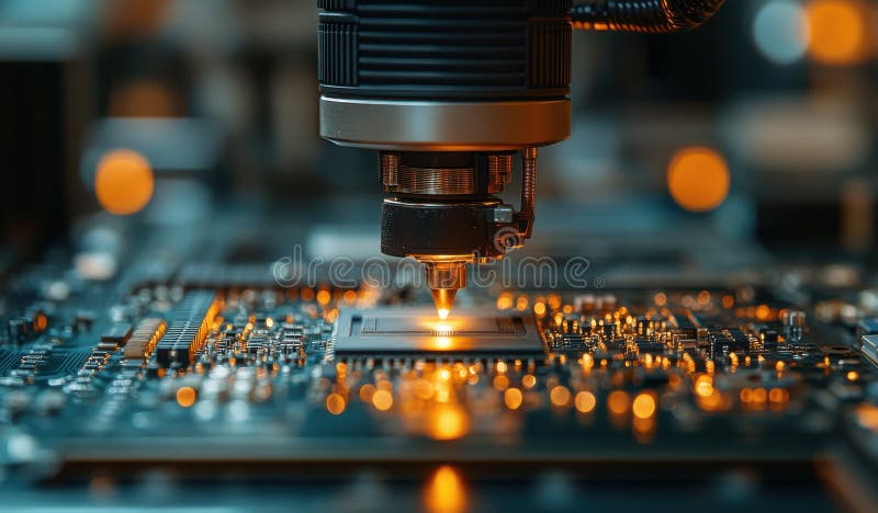 Close-up shot of AI robot creating intricate circuit design. This image captures a close-up view of an advanced AI robot meticulously creating an intricate circuit design. The scene emphasizes the precision and technological sophistication involved in robotics and electronics. The robotic arm works with detailed components, showcasing the future of AI in manufacturing and technology innovation