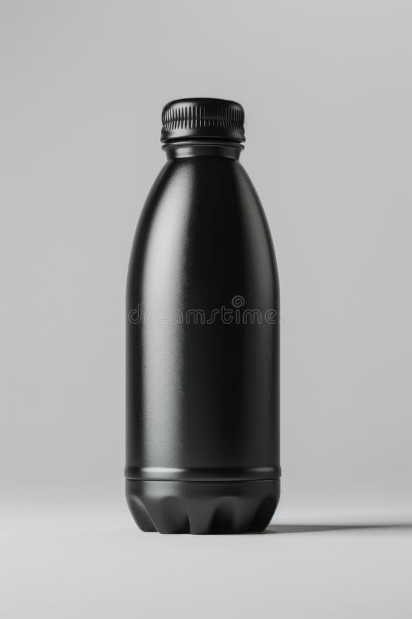 A close-up shot of a black plastic bottle placed on a white surface stock image