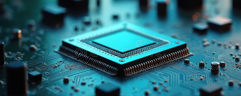 Close up shot of blue computer chip on green circuit board. Detailed tech view microchip, motherboard with hardware component royalty free stock photos