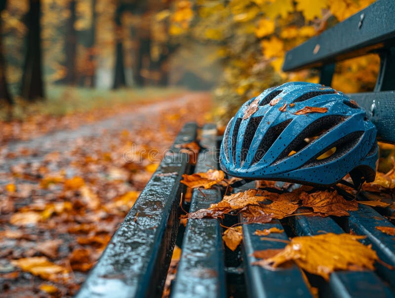 Close up shot captures vibrant blue bicycle helmet placed on bench. Autumn leaves scatter around showcasing colors of royalty free stock image