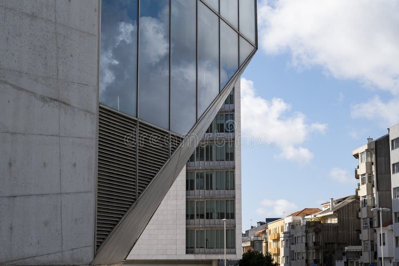 Close up shot of the Casa da Musica do Porto Porto Music House. Detail of the glass and concrete. Abstract image