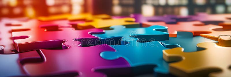 O fotografie de închidere a pieselor de puzzle colorate, interconectate simbolizând colaborarea în echipă, problematică rezolvând royalty free illustration