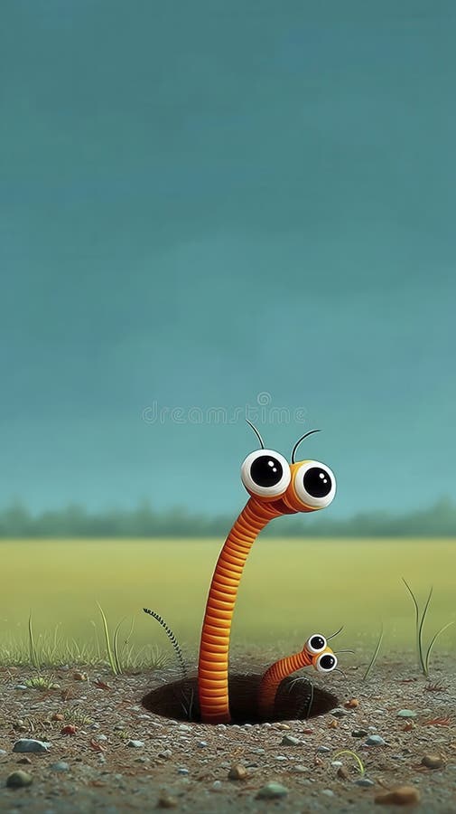 Curious Cartoon Worm. Close-up shot of a computer-generated image of a cartoon worm. The worm is predominantly orange with visible segmentation. It has disproportionately large, expressive black eyes, suggesting a curious or playful demeanor. The worm s body is slightly curved, positioned against a minimalist background featuring a muted blue sky and hints of green grass at the bottom. The overall style is reminiscent of children s animation, utilizing bright colors and a simple, clean aesthetic. The image has a shallow depth of field, focusing primarily on the worm s face. The rendering showcases smooth surfaces and subtle highlights, creating a visually appealing and appealing character.