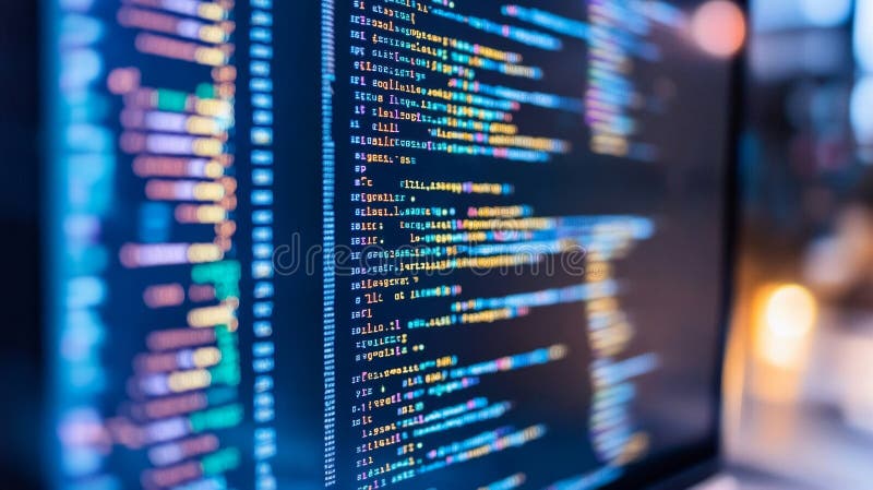 Close-Up Shot of Computer Monitor Displaying Colorful Code Lines royalty free illustration