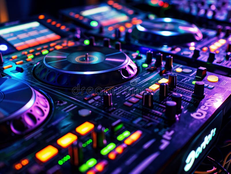 Close up shot detail sound mixer control panel button in neon light stock photos