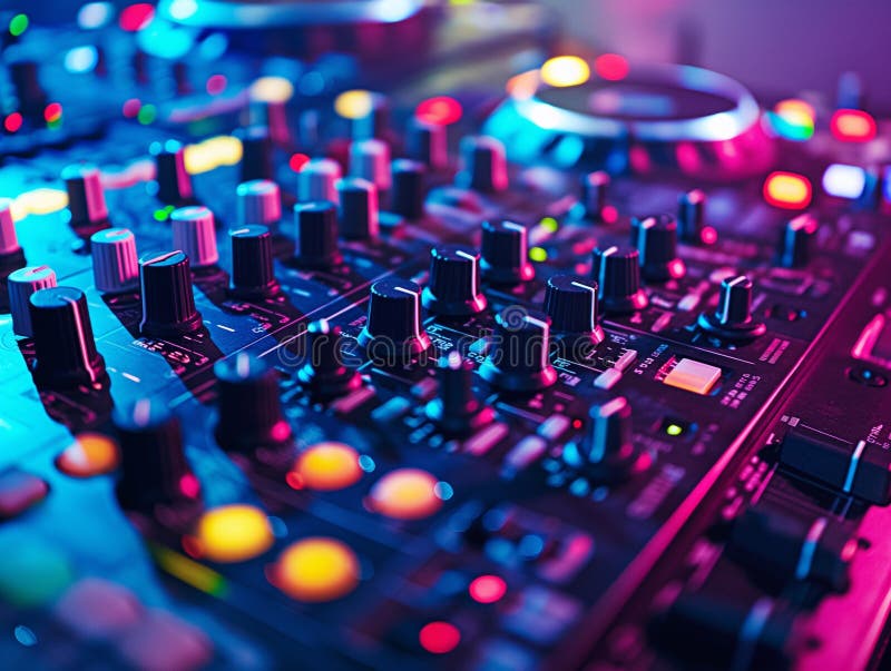Close up shot detail sound mixer control panel button in neon light royalty free stock photos