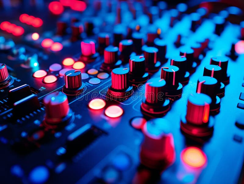 Close up shot detail sound mixer control panel button in neon light stock photo