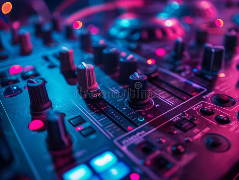 Close up shot detail sound mixer control panel button in neon light royalty free stock photography