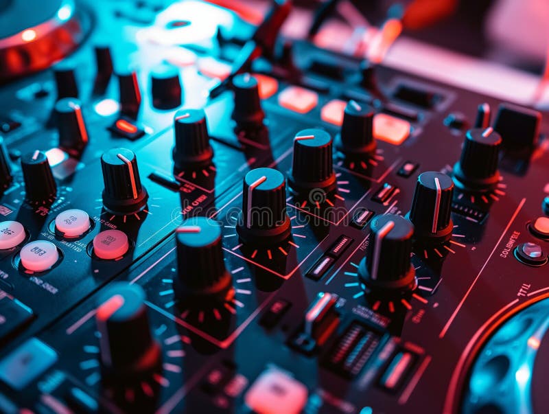 Close up shot detail sound mixer control panel button in neon light stock photo