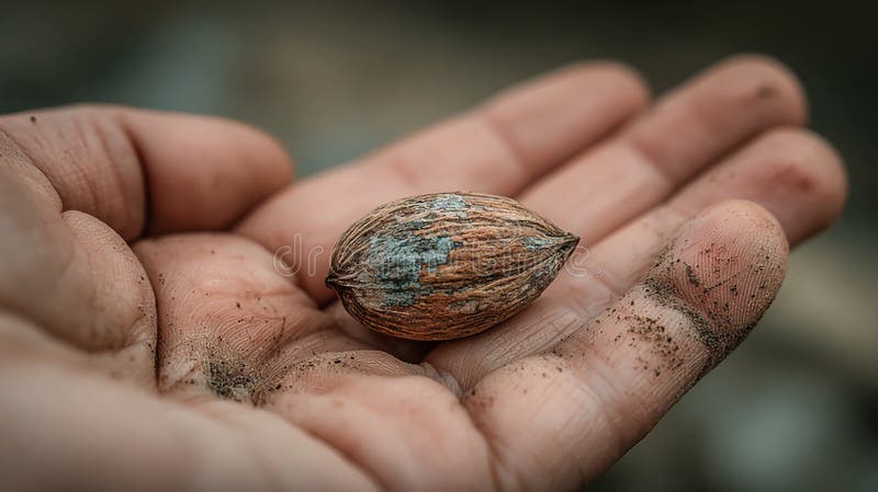 Pecan Seed Held in Soil-Dusted Hand royalty free illustration