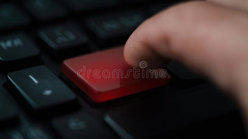 Close-up shot of finger poised to press large red delete key on keyboard. Hand interacts with modern computer interface. Action stock illustration