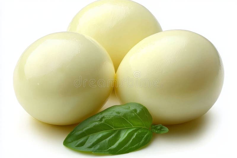 A close-up shot of fresh burrata cheese accompanied by basil, set against a plain white background royalty free stock photos