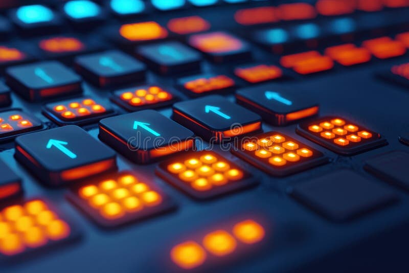 Futuristic Illuminated Keyboard with Up Arrow Keys Glowing Orange and Blue Lights Close Up View royalty free illustration