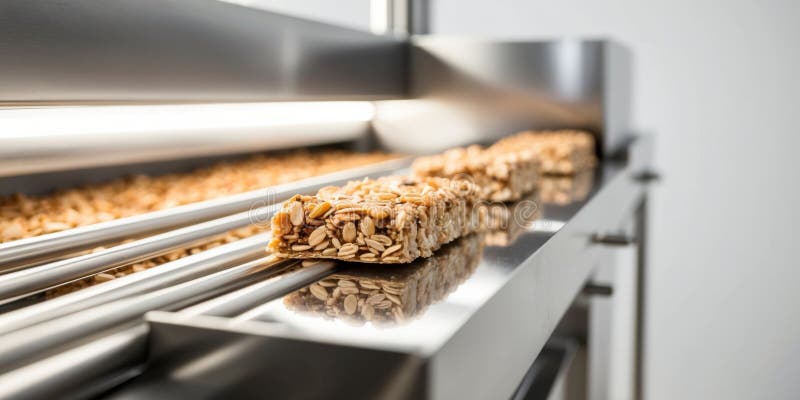 A close up shot of a granola bar being processed on a production line. Rubber production line illustrations