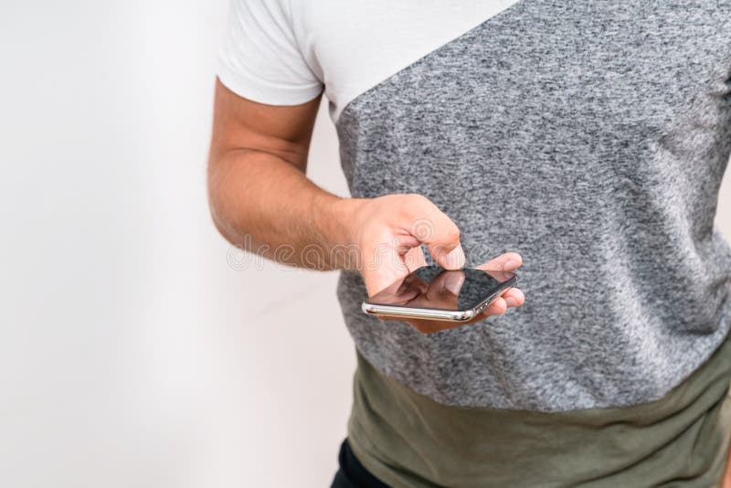 Close up shot of man`s hands holding smart cell phone with blank royalty free stock photography Close up shot of man`s hands holding smart cell phone with blank royalty free stock photography