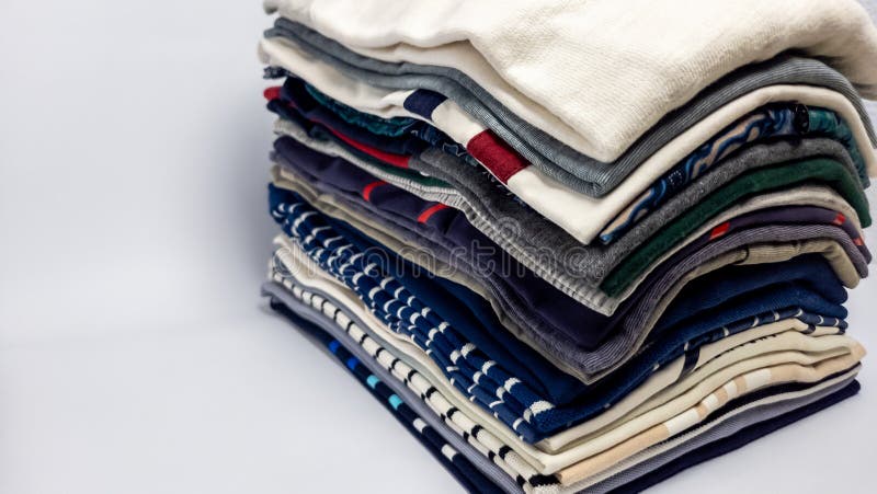 A neatly stacked pile of folded clothes on a white background stock photo