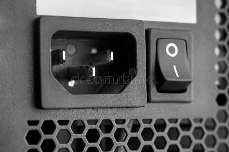 Closeup shot of PC Power Supply. Black and white