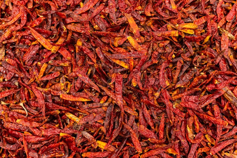 Close Up Shot of Pile of Dried Red Chili Peppers stock images