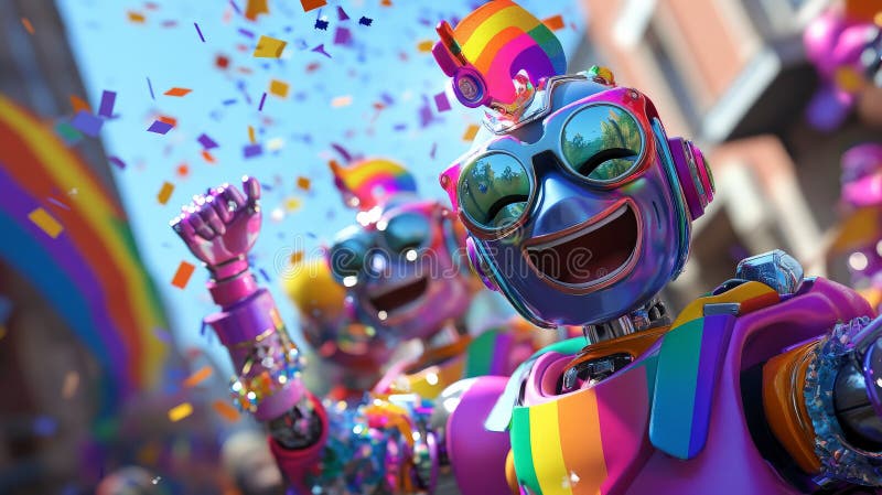 Close-up of cheerful robots celebrating with pride flags royalty free stock photo
