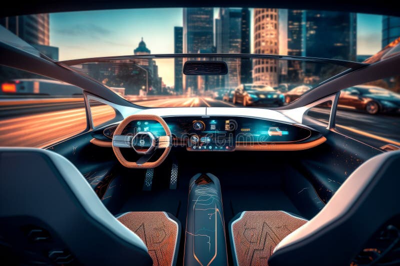 A close-up shot of the self-driving car\'s interior, showcasing the advanced dashboard display and comfortable seating. royalty free illustration