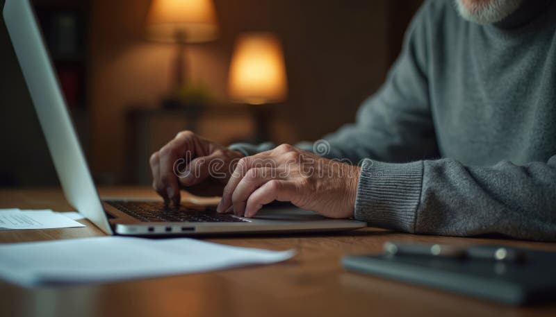 Close-up shot of senior man hands typing on laptop. Elderly gentleman using computer on the table at home. Concept of remote work vector illustration