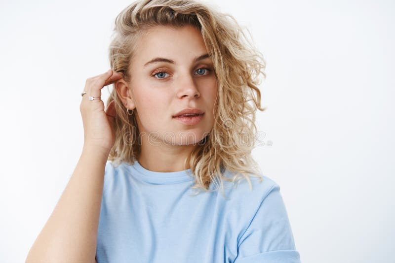 Close-up Shot of Sensual and Feminine Gentle Blond with Curly Short  Hairstyle Putting Hair Strand Behind Ear Open Mouth Stock Photo - Image of  female, happiness: 137079260