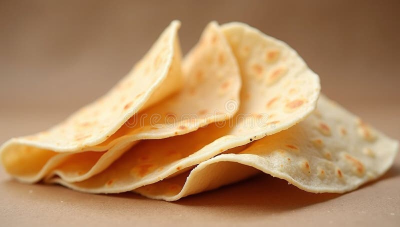 Close up shot of a stack of four tortillas arranged on a neutral colored surface in soft lighting royalty free illustration