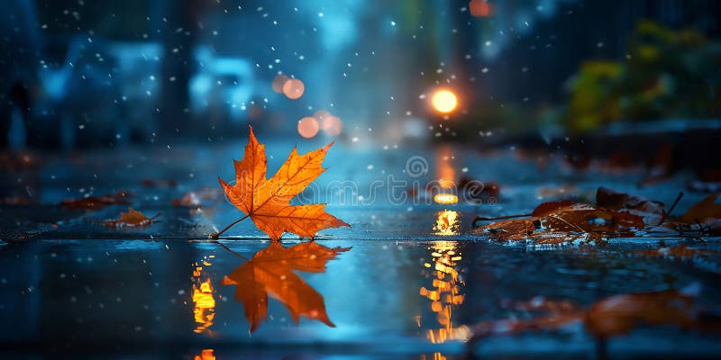 Close-up shot of single yellow maple leaf on wet sidewalk in soft twilight. Autumn melancholy vibe concept