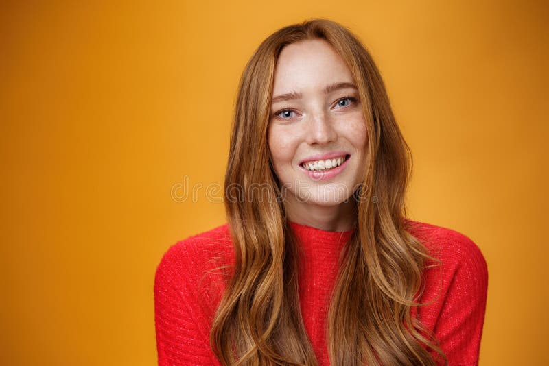 Close Up Shot Of Tender Gentle And Cute Redhead Cutie With Long Natural Hairstyle Smiling 