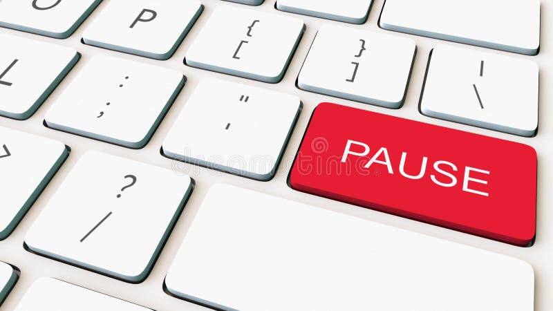 Close-up shot of white computer keyboard and red pause key. Conceptual 3D rendering