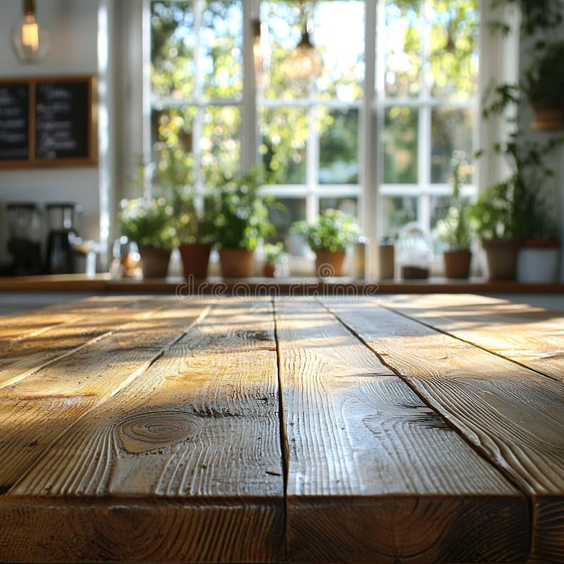 A close-up shot of a wooden table top with sunbeams shining through a window in the background royalty free illustration