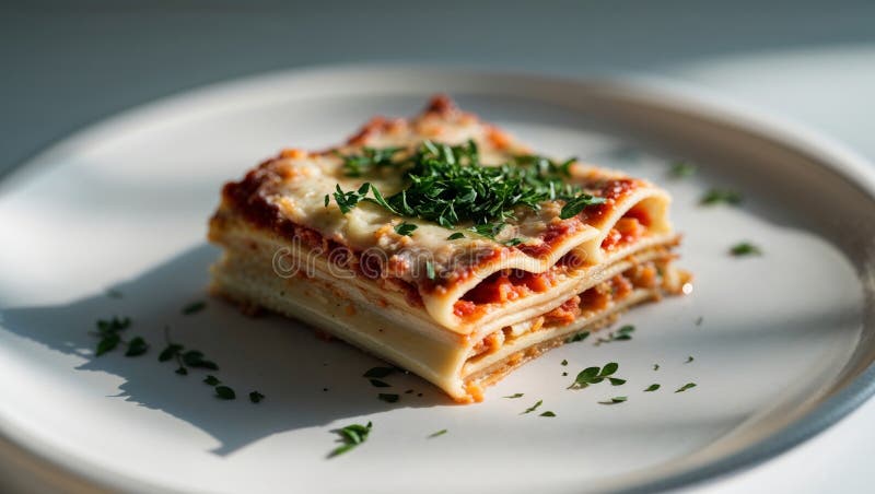 Close up showcases delectable slice of cheesy lasagna topped with herbs presented on plate stock photos