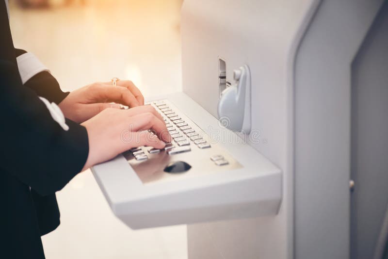 Close up side portrait of female hands on stand info keyboard stock photo Close up side portrait of female hands on stand info keyboard stock photo