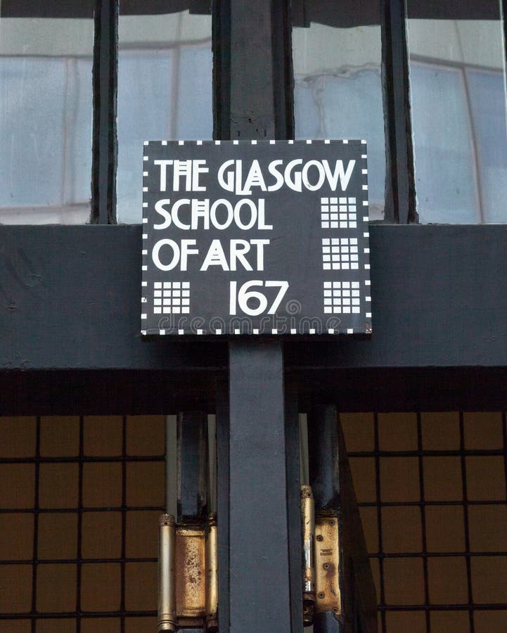 Glasgow, Scotland, UK. Close up of sign at the entrance to the Glasgow School of Art building, Renfrew Street, designed by architect Charles Rennie Mackintosh. Building has been recently destroyed in a second fire. Glasgow, Scotland, UK. Close up of sign at the entrance to the Glasgow School of Art building, Renfrew Street, designed by architect Charles Rennie Mackintosh. Building has been recently destroyed in a second fire.