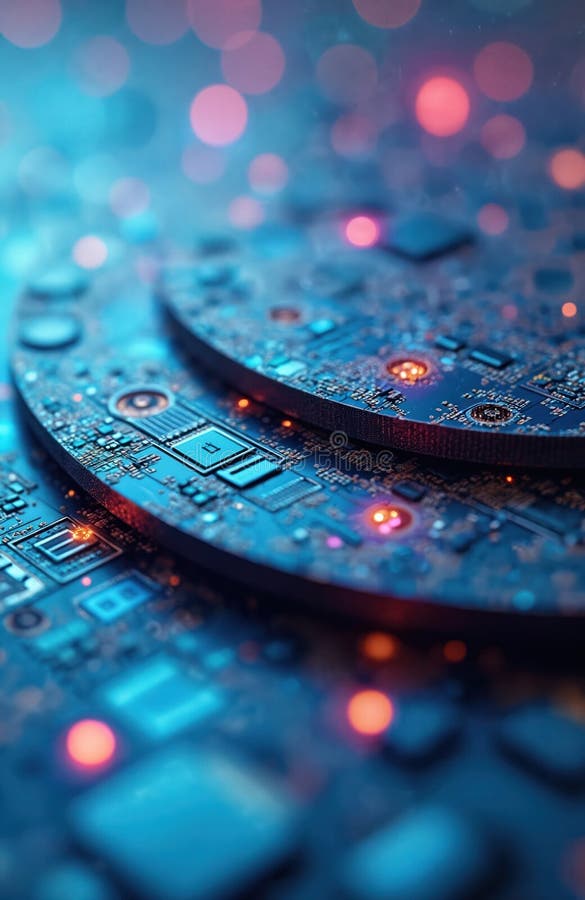 Close-up on silicon wafers with microcircuits, crystalline structure. Rainbow colors, hi-tech computer microchip pattern. royalty free stock images
