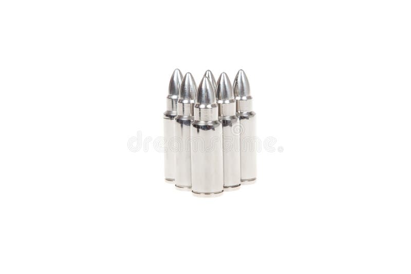 Close up of silver bullets, isolated on white