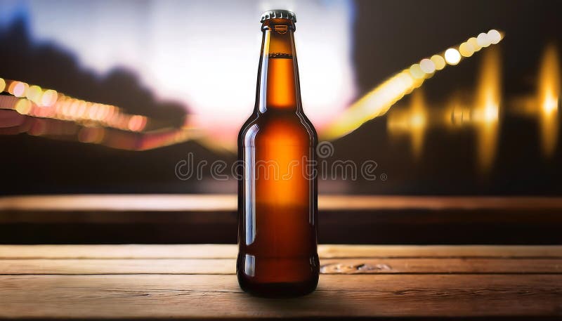 Close-up of a single beer bottle mock-up on a wooden table with a blurred background at dusk. Generative AI. A close view displays a solitary beer bottle mock-up on a wooden table, featuring an empty label, with a softly blurred background that hints at a twilight setting. AI generated