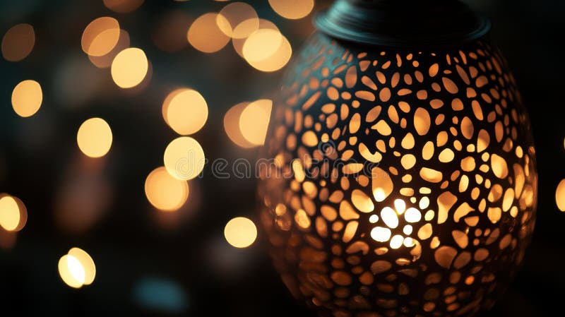 Close-up of a single Diwali lantern with intricate designs, glowing softly from within and casting delicate patterns in royalty free stock images