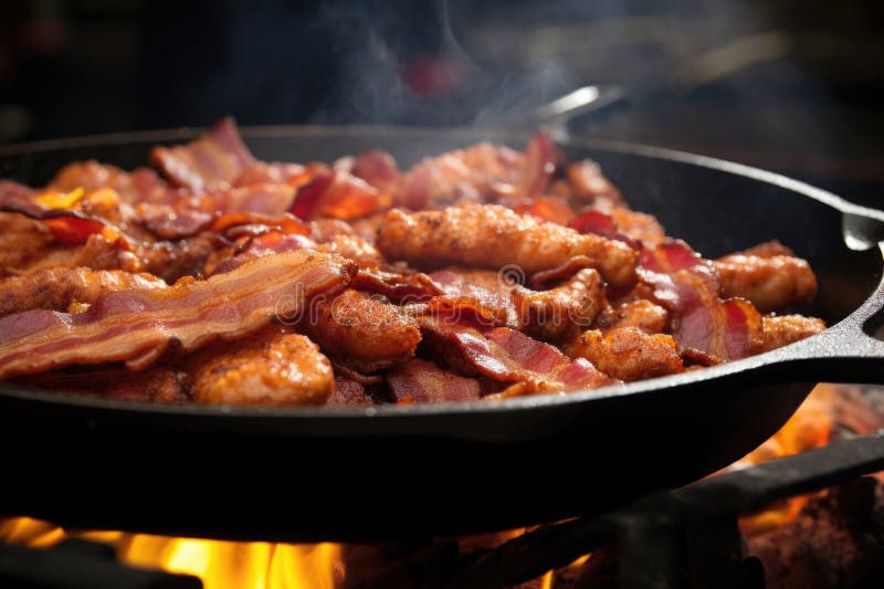 Bacon frying in stove top pan. Sizzling bacon strips in silver skillet.  Stock Photo