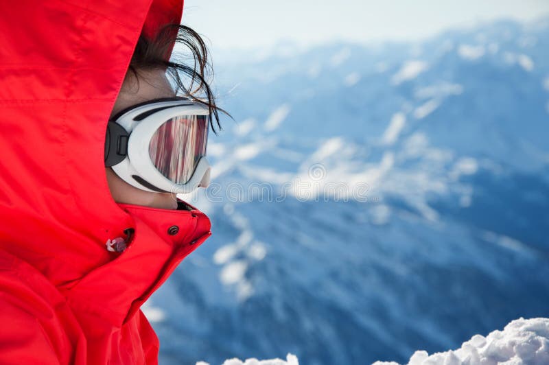 Closeup of Skiing Girl with Goggles on Slope Stock Photo Image of