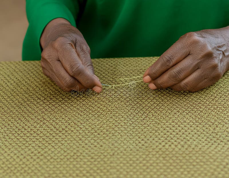 Close Up Hands Sewing Fabric for Ramadan and Eid Celebration stock photo