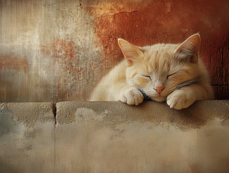Close-up of a sleeping orange cat resting peacefully on a rustic wall stock illustration