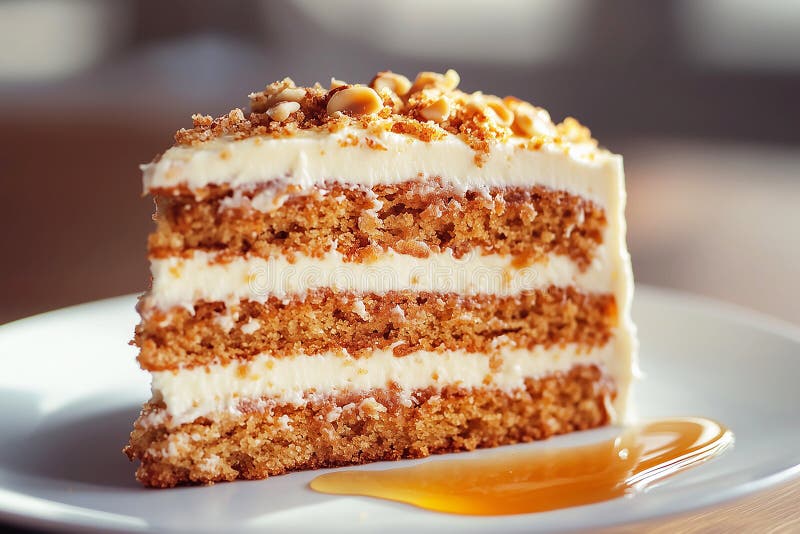 A close-up of a slice of carrot cake with white cream on a plate. stock images