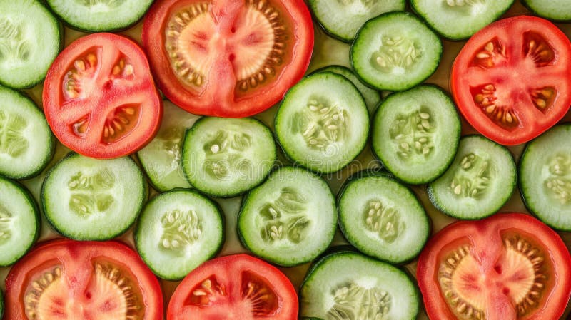 Close-up of Sliced Cucumbers and Tomatoes stock illustration