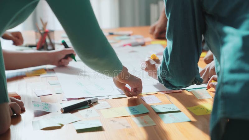 Close up of developer team using mind map to brainstorm idea. Top view of skilled group of business people working together writing marketing strategy by using markers and sticky notes. Symposium. Design mind map stock images, royalty-free photos and pictures