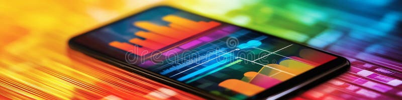 Close up of a smartphone displaying colorful charts and graphs on its screen royalty free illustration