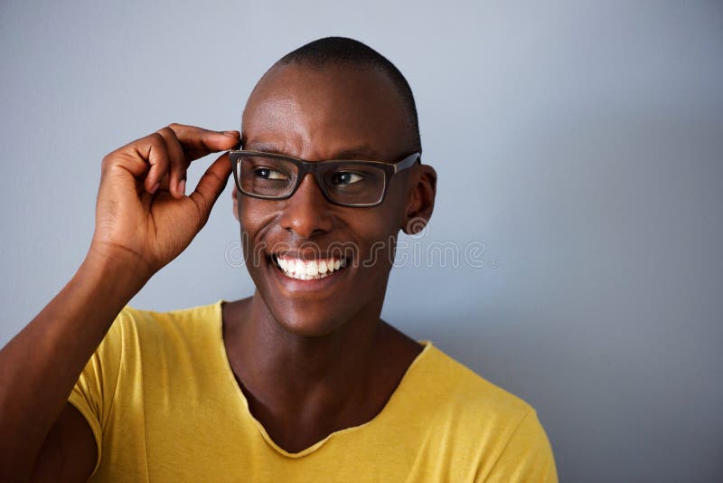 buffet høst stavelse Close Up Smiling Black Guy with Glasses Against Gray Background Stock Photo  - Image of adult, casual: 110574648