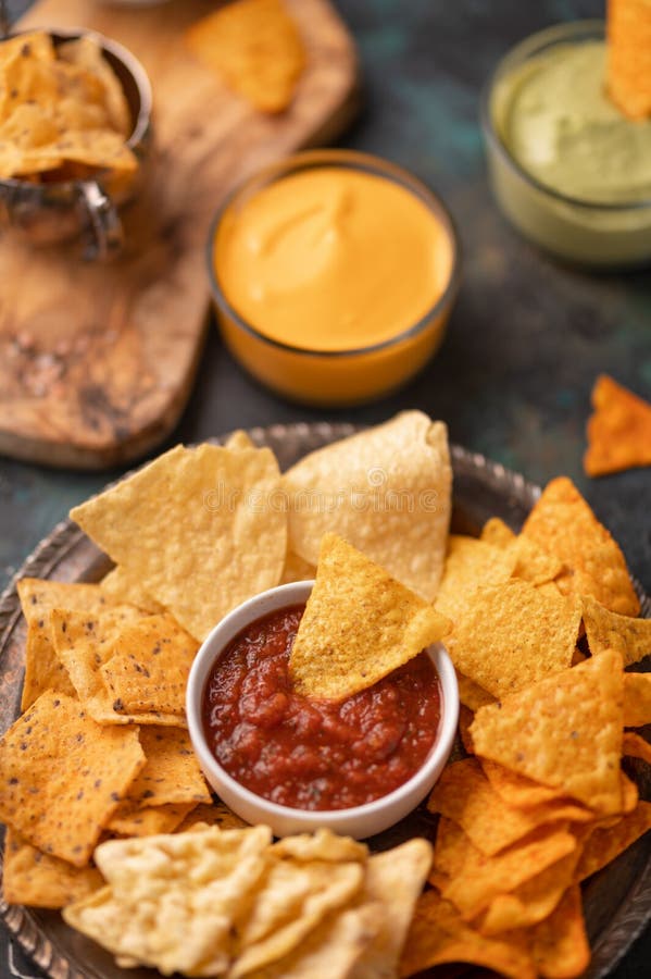 Closeup Snacks and Chips with Salsa or Dip for Potato or Pita Chips