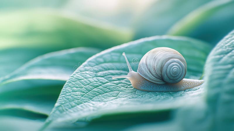 Close up of a snail crawling along the surface light green leaf with its shell gleaming gently under soft lighting that emphasizes vector illustratie